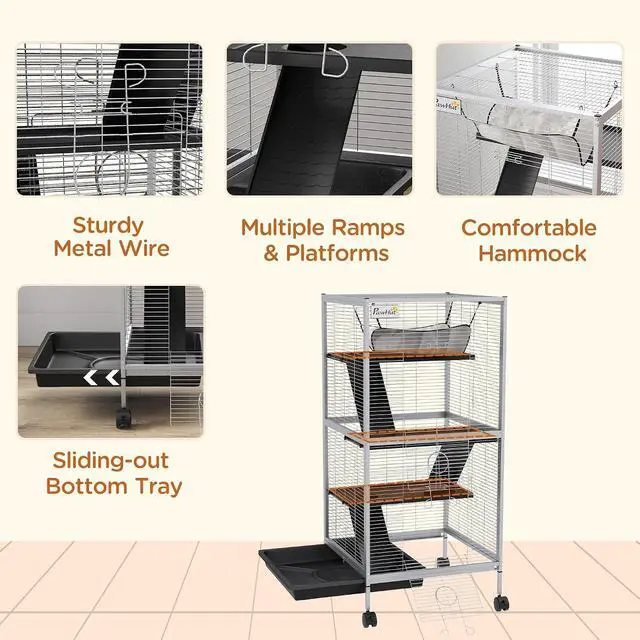 Alt view image 5 of 7 - PawHut Metal Small Animal Cage, 4-Tiers Rolling Big Ferret Cage with Hammock, Removable Tray, for Chinchilla, Sugar Glider, White | with Hammock, Removable Tray, for Chinchilla, Sugar Glider