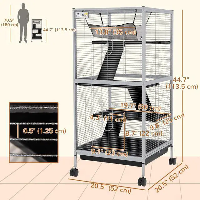 Alt view image 7 of 7 - PawHut Metal Small Animal Cage, 4-Tiers Rolling Big Ferret Cage with Hammock, Removable Tray, for Chinchilla, Sugar Glider, White | with Hammock, Removable Tray, for Chinchilla, Sugar Glider