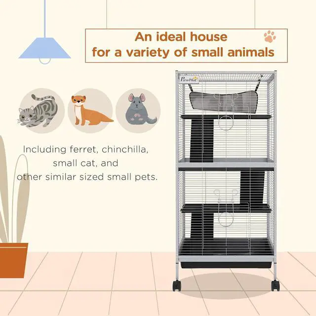 Alt view image 3 of 7 - PawHut Metal Small Animal Cage, 4-Tiers Rolling Big Ferret Cage with Hammock, Removable Tray, for Chinchilla, Sugar Glider, White | with Hammock, Removable Tray, for Chinchilla, Sugar Glider