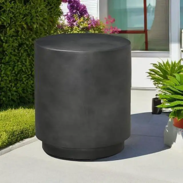Alt view image 6 of 7 - Outdoor Side Table Round Small End Table Concrete Finish Dark Gray | Indoor, Patio, Backyard, Pool, Porch, Garden, Lawn