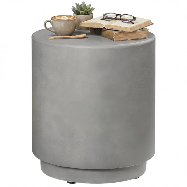 Main image of Outdoor Side Table Round Small End Table Concrete Finish Light Gray | Indoor, Patio, Backyard, Pool, Porch, Garden, Lawn