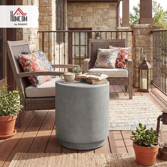 Alt view image 2 of 7 - Outdoor Side Table Round Small End Table Concrete Finish Light Gray | Indoor, Patio, Backyard, Pool, Porch, Garden, Lawn