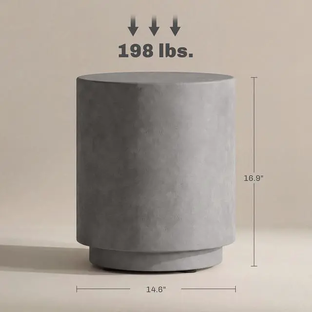 Alt view image 3 of 7 - Outdoor Side Table Round Small End Table Concrete Finish Light Gray | Indoor, Patio, Backyard, Pool, Porch, Garden, Lawn