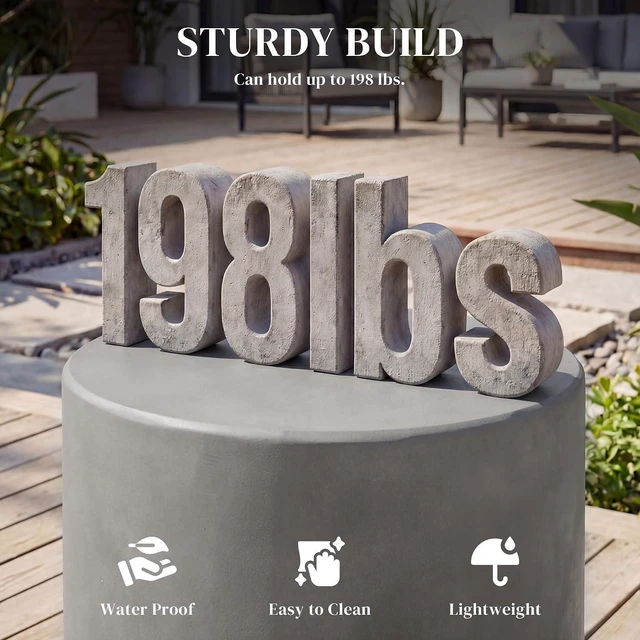 Alt view image 5 of 7 - Outdoor Side Table Round Small End Table Concrete Finish Light Gray | Indoor, Patio, Backyard, Pool, Porch, Garden, Lawn