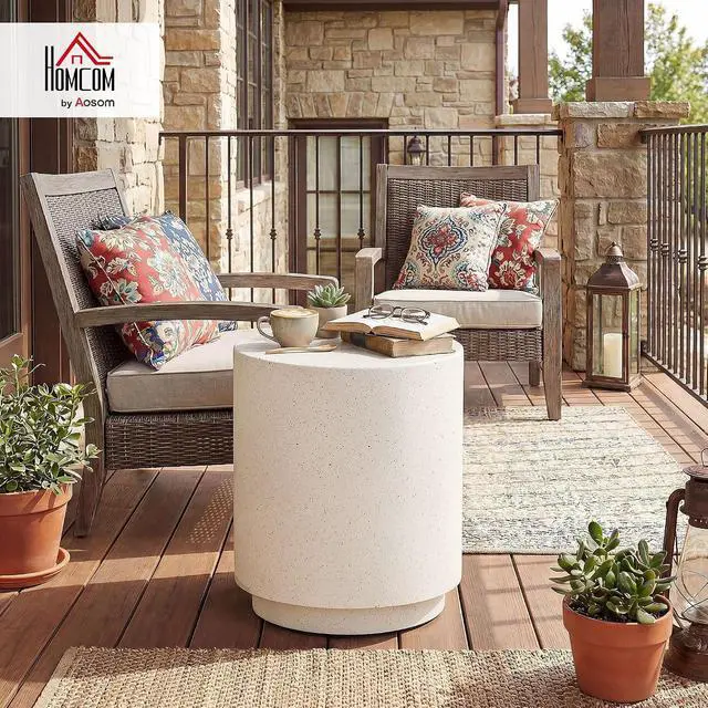 Alt view image 2 of 7 - Outdoor Side Table Round Small End Table Concrete Finish Cream White | Indoor, Patio, Backyard, Pool, Porch, Garden, Lawn