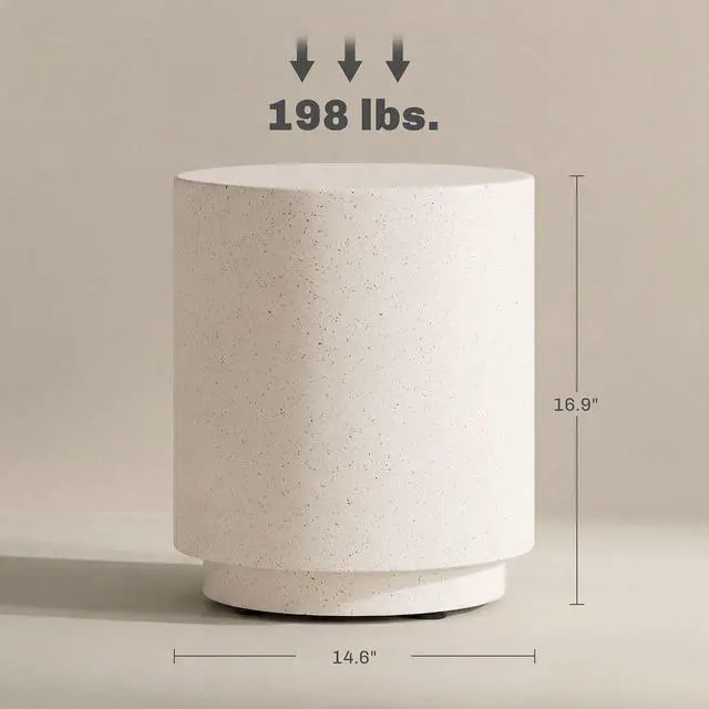 Alt view image 3 of 7 - Outdoor Side Table Round Small End Table Concrete Finish Cream White | Indoor, Patio, Backyard, Pool, Porch, Garden, Lawn