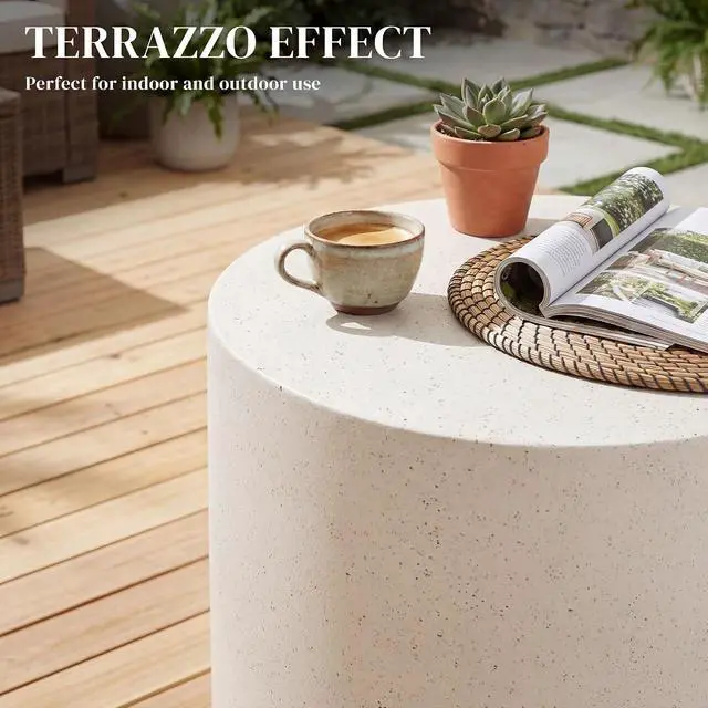 Alt view image 4 of 7 - Outdoor Side Table Round Small End Table Concrete Finish Cream White | Indoor, Patio, Backyard, Pool, Porch, Garden, Lawn