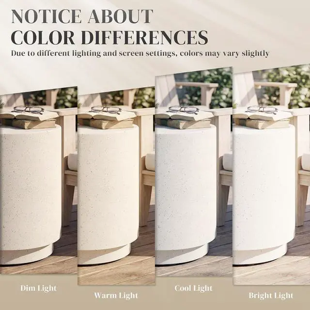 Alt view image 7 of 7 - Outdoor Side Table Round Small End Table Concrete Finish Cream White | Indoor, Patio, Backyard, Pool, Porch, Garden, Lawn
