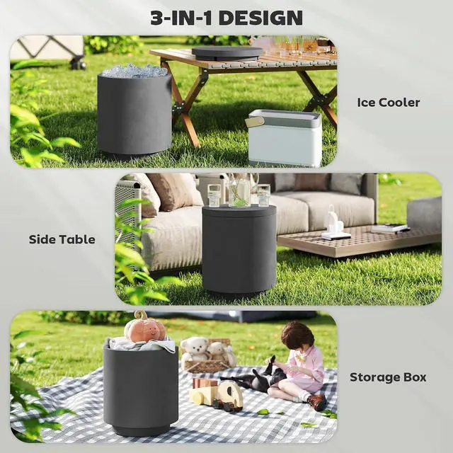 Alt view image 4 of 7 - 2.6 Gal Outdoor Cooler Side Table 3-in-1 with Storage Charcoal Gray | Cool Coffee Table, Removable Ice Bucket and Lid, Concrete Small Patio Table, Party, Poolside, Deck
