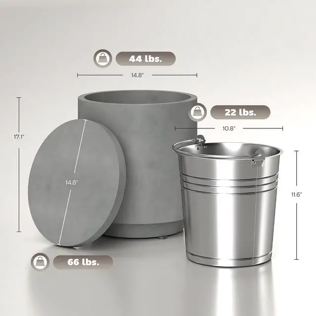 Alt view image 3 of 7 - 2.6 Gal Outdoor Cooler Side Table 3-in-1 with Storage Gray | Cool Coffee Table, Removable Ice Bucket and Lid, Concrete, for Patio, Party, Poolside, Deck