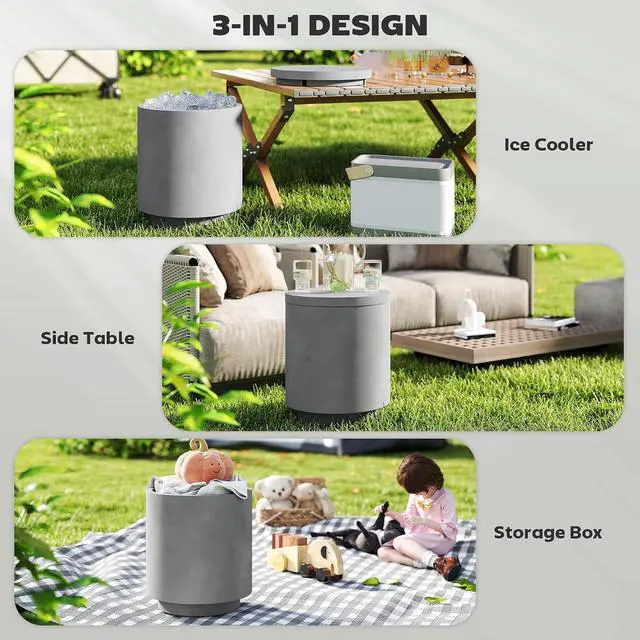Alt view image 4 of 7 - 2.6 Gal Outdoor Cooler Side Table 3-in-1 with Storage Gray | Cool Coffee Table, Removable Ice Bucket and Lid, Concrete, for Patio, Party, Poolside, Deck