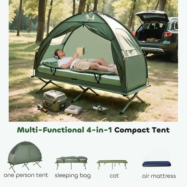 Alt view image 2 of 7 - Camping Tent Cot 6-in-1 Single Person Folding Tent Cot Combo | Mattress, Pillow, Sleeping Bag, Bed Cover, Carry Bag, Portable, Easy Set-Up, Off-Ground, Travel Hiking Backpack Picnic Camp