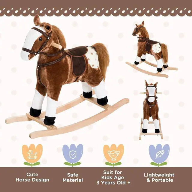 Alt view image 4 of 7 - Qaba Kids Rocking Horse Plush for Boys Girls with Realistic Sounds Brown | Ride On Toy, Toddler Rocker, Gifts