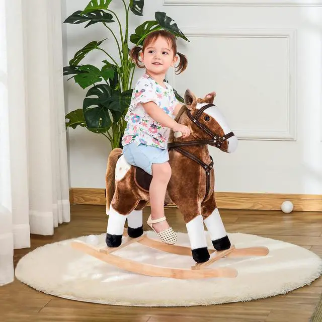 Alt view image 2 of 7 - Qaba Kids Rocking Horse Plush for Boys Girls with Realistic Sounds Brown | Ride On Toy, Toddler Rocker, Gifts