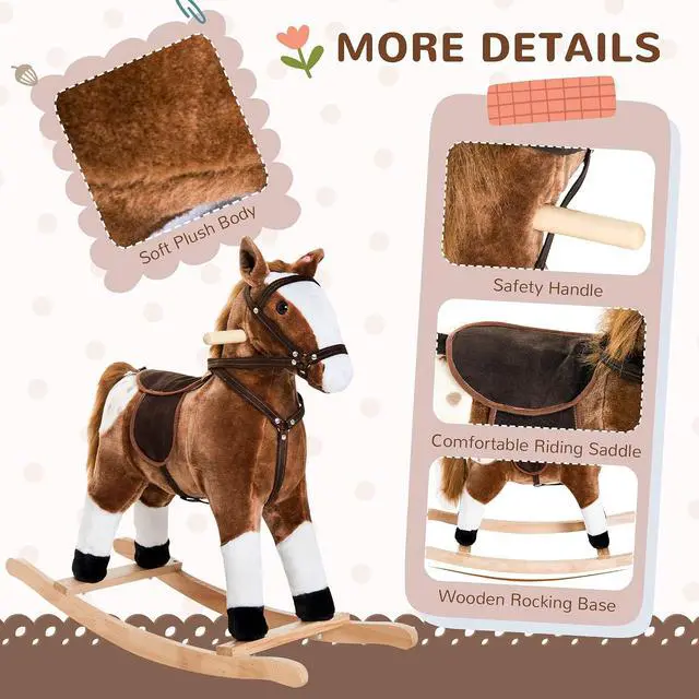 Alt view image 5 of 7 - Qaba Kids Rocking Horse Plush for Boys Girls with Realistic Sounds Brown | Ride On Toy, Toddler Rocker, Gifts