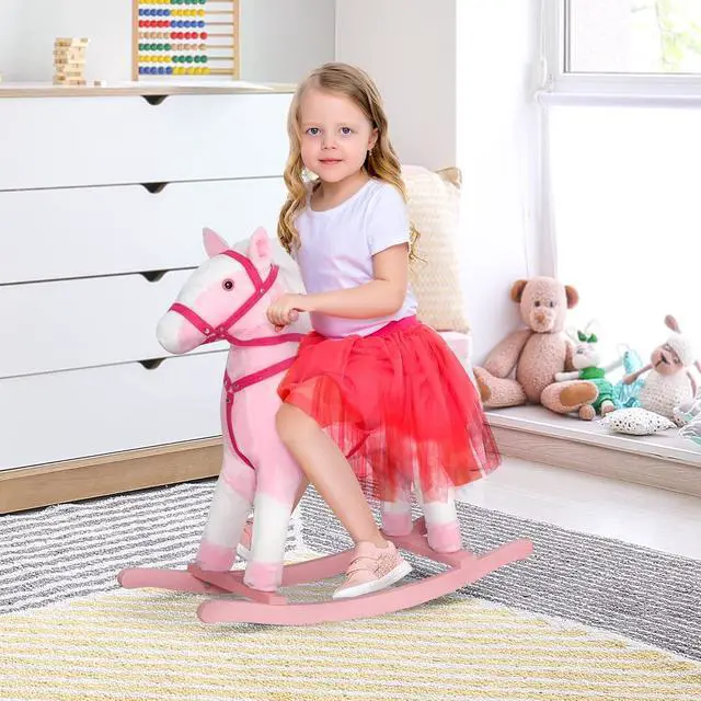 Alt view image 2 of 7 - Qaba Kids Rocking Horse Plush Ride On Toy with Realistic Sounds, Pink | Toddler Rocker, for Boys Girls, Gifts
