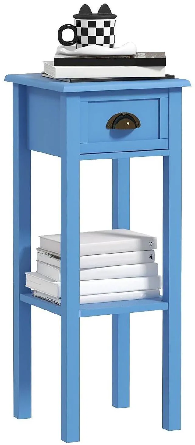 Main image of Narrow End Table with Drawer and Bottom Shelf Set of 1 Light Blue | Tall Telephone Table, Skinny Modern Design, for Small Spaces, Living Room