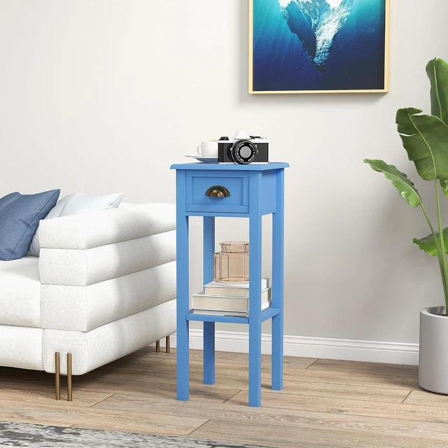 Alt view image 2 of 7 - Narrow End Table with Drawer and Bottom Shelf Set of 1 Light Blue | Tall Telephone Table, Skinny Modern Design, for Small Spaces, Living Room