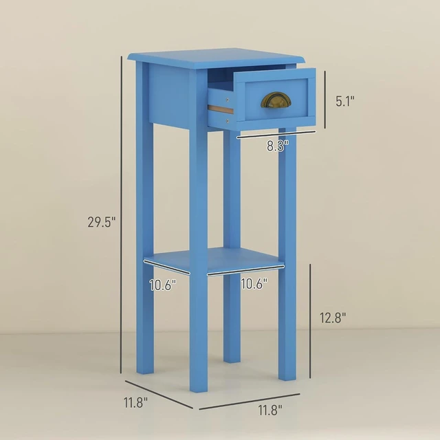 Alt view image 3 of 7 - Narrow End Table with Drawer and Bottom Shelf Set of 1 Light Blue | Tall Telephone Table, Skinny Modern Design, for Small Spaces, Living Room