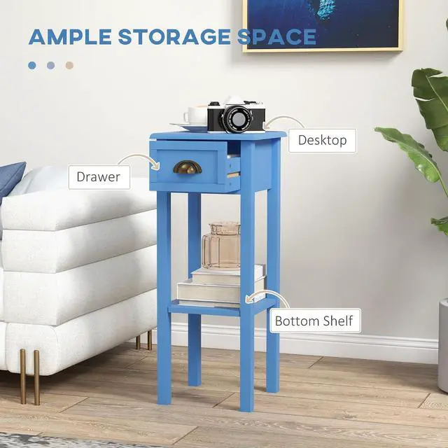 Alt view image 4 of 7 - Narrow End Table with Drawer and Bottom Shelf Set of 1 Light Blue | Tall Telephone Table, Skinny Modern Design, for Small Spaces, Living Room