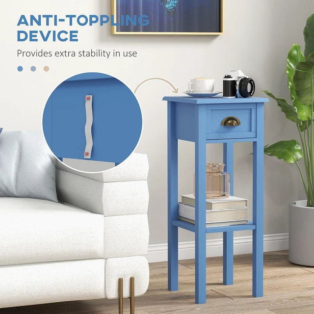 Alt view image 6 of 7 - Narrow End Table with Drawer and Bottom Shelf Set of 1 Light Blue | Tall Telephone Table, Skinny Modern Design, for Small Spaces, Living Room
