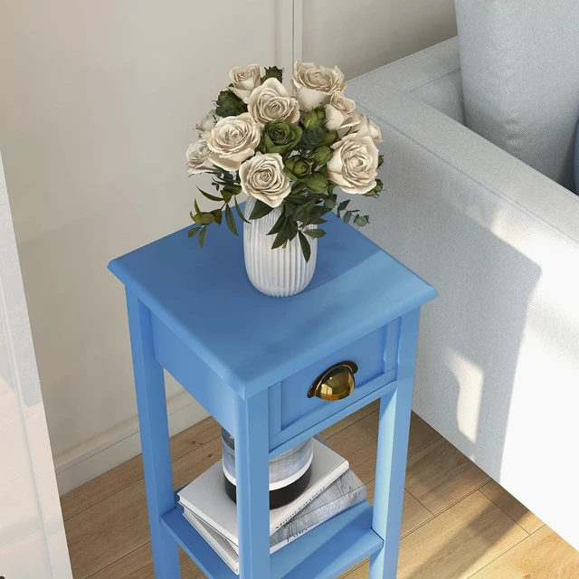 Alt view image 7 of 7 - Narrow End Table with Drawer and Bottom Shelf Set of 1 Light Blue | Tall Telephone Table, Skinny Modern Design, for Small Spaces, Living Room