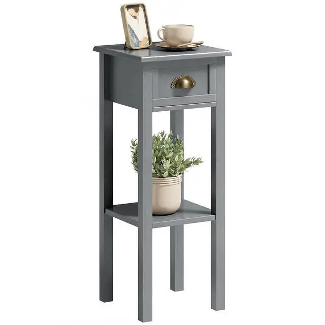 Main image of Narrow End Table with Drawer and Bottom Shelf Set of 1 Gray | Tall Telephone Table, Skinny Modern Design, for Small Spaces, Living Room