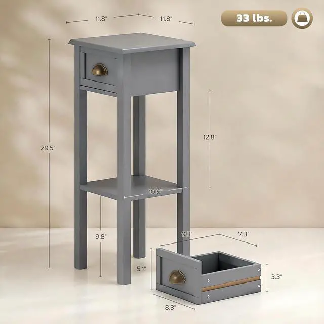 Alt view image 3 of 7 - Narrow End Table with Drawer and Bottom Shelf Set of 1 Gray | Tall Telephone Table, Skinny Modern Design, for Small Spaces, Living Room