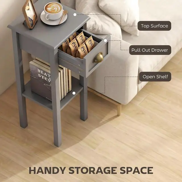 Alt view image 4 of 7 - Narrow End Table with Drawer and Bottom Shelf Set of 1 Gray | Tall Telephone Table, Skinny Modern Design, for Small Spaces, Living Room