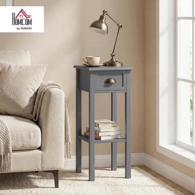 Alt view image 2 of 7 - Narrow End Table with Drawer and Bottom Shelf Set of 1 Gray | Tall Telephone Table, Skinny Modern Design, for Small Spaces, Living Room
