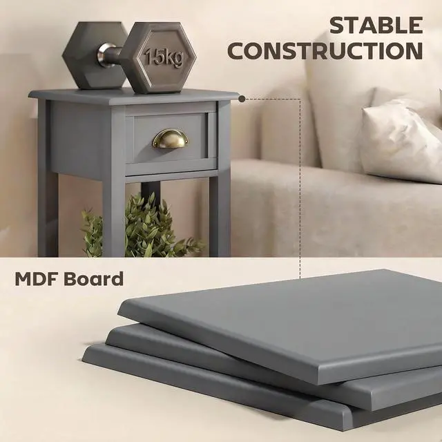 Alt view image 6 of 7 - Narrow End Table with Drawer and Bottom Shelf Set of 1 Gray | Tall Telephone Table, Skinny Modern Design, for Small Spaces, Living Room