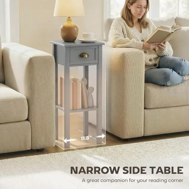 Alt view image 5 of 7 - Narrow End Table with Drawer and Bottom Shelf Set of 1 Gray | Tall Telephone Table, Skinny Modern Design, for Small Spaces, Living Room
