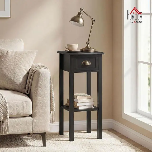 Alt view image 2 of 7 - Narrow End Table with Drawer and Bottom Shelf Set of 1 Black | Tall Telephone Table, Skinny Modern Design, for Small Spaces, Living Room
