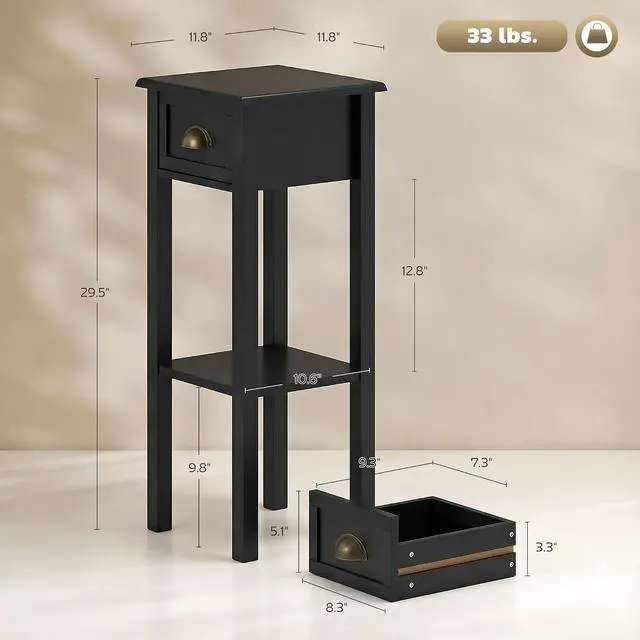 Alt view image 3 of 7 - Narrow End Table with Drawer and Bottom Shelf Set of 1 Black | Tall Telephone Table, Skinny Modern Design, for Small Spaces, Living Room