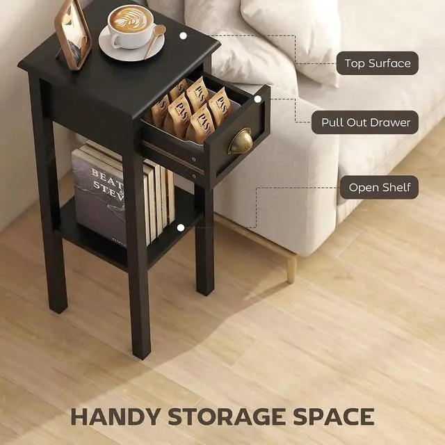 Alt view image 4 of 7 - Narrow End Table with Drawer and Bottom Shelf Set of 1 Black | Tall Telephone Table, Skinny Modern Design, for Small Spaces, Living Room