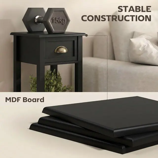 Alt view image 6 of 7 - Narrow End Table with Drawer and Bottom Shelf Set of 1 Black | Tall Telephone Table, Skinny Modern Design, for Small Spaces, Living Room
