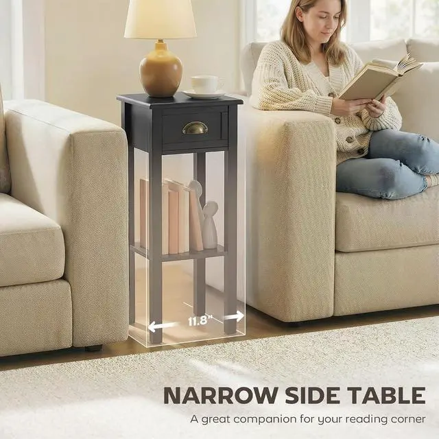 Alt view image 5 of 7 - Narrow End Table with Drawer and Bottom Shelf Set of 1 Black | Tall Telephone Table, Skinny Modern Design, for Small Spaces, Living Room