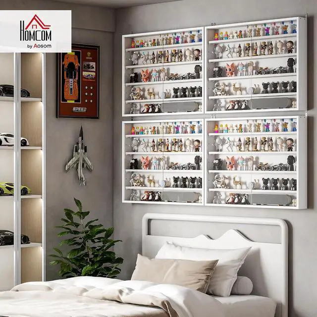 Alt view image 2 of 7 - 5-Tier Wall Mounted Display Cabinet Glass Doors 60x80cm, White | Display Case, 4 Adjustable Shelves, for Home Office Ornaments