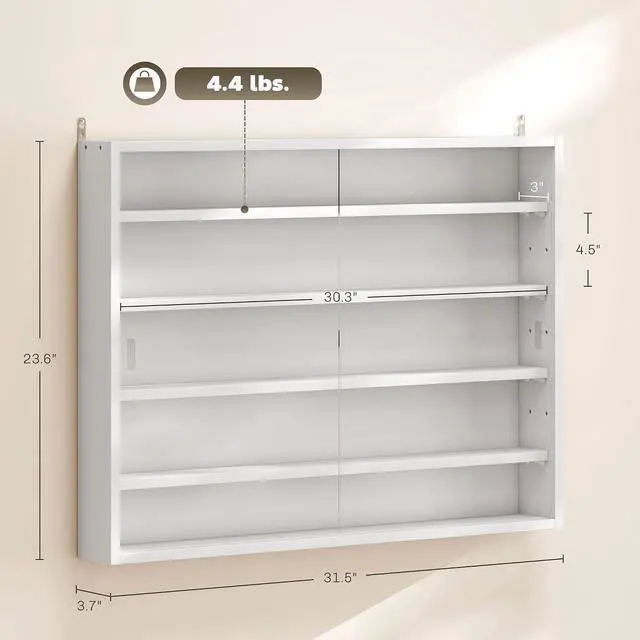 Alt view image 3 of 7 - 5-Tier Wall Mounted Display Cabinet Glass Doors 60x80cm, White | Display Case, 4 Adjustable Shelves, for Home Office Ornaments