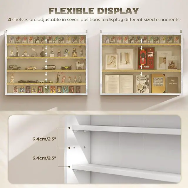 Alt view image 4 of 7 - 5-Tier Wall Mounted Display Cabinet Glass Doors 60x80cm, White | Display Case, 4 Adjustable Shelves, for Home Office Ornaments