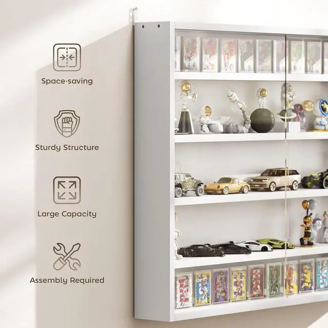 Alt view image 6 of 7 - 5-Tier Wall Mounted Display Cabinet Glass Doors 60x80cm, White | Display Case, 4 Adjustable Shelves, for Home Office Ornaments