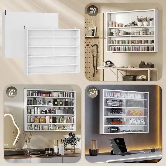 Alt view image 7 of 7 - 5-Tier Wall Mounted Display Cabinet Glass Doors 60x80cm, White | Display Case, 4 Adjustable Shelves, for Home Office Ornaments