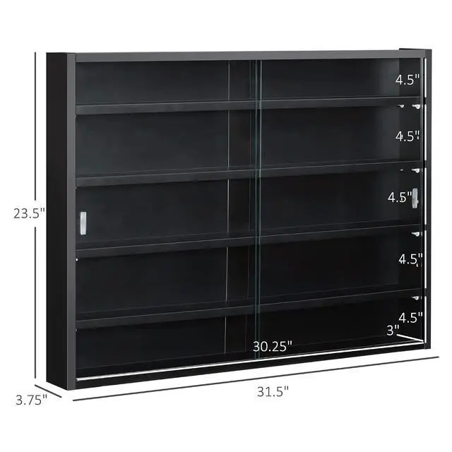 Alt view image 3 of 7 - 5-Tier Display Cabinet, Glass Door Cabinet with Adjustable Shelves, Wall-Mounted Display Case for Playroom, Bedroom, Black