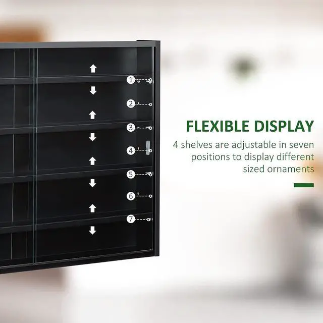 Alt view image 4 of 7 - 5-Tier Display Cabinet, Glass Door Cabinet with Adjustable Shelves, Wall-Mounted Display Case for Playroom, Bedroom, Black