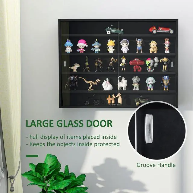 Alt view image 5 of 7 - 5-Tier Display Cabinet, Glass Door Cabinet with Adjustable Shelves, Wall-Mounted Display Case for Playroom, Bedroom, Black