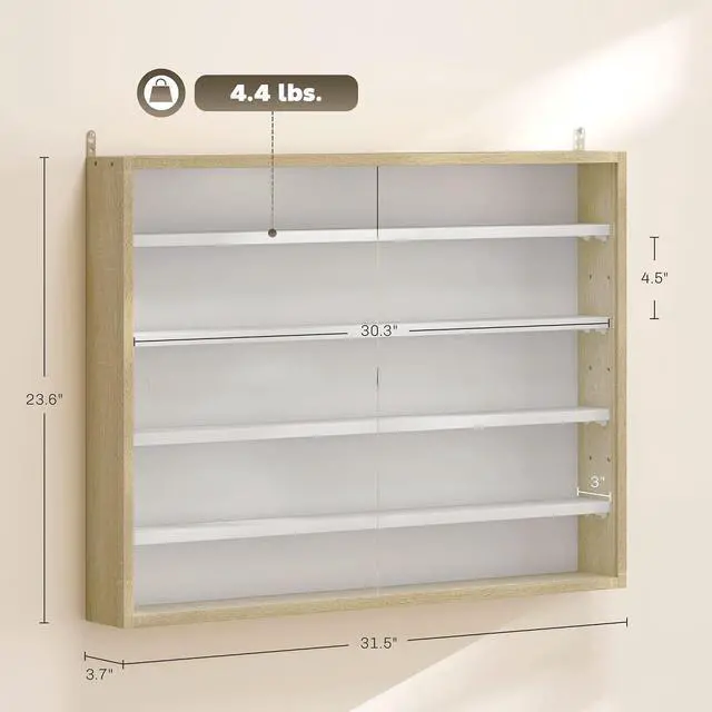 Alt view image 3 of 7 - 5-Tier Wall Mounted Display Cabinet Glass Doors 60x80cm White/Oak | Display Case, 4 Adjustable Shelves, for Home Office Ornaments
