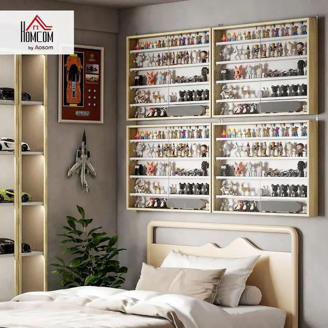Alt view image 2 of 7 - 5-Tier Wall Mounted Display Cabinet Glass Doors 60x80cm White/Oak | Display Case, 4 Adjustable Shelves, for Home Office Ornaments
