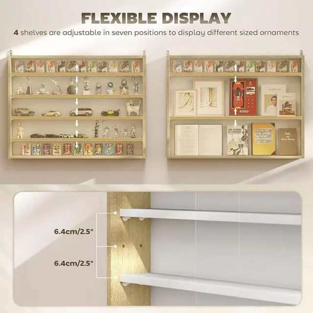 Alt view image 4 of 7 - 5-Tier Wall Mounted Display Cabinet Glass Doors 60x80cm White/Oak | Display Case, 4 Adjustable Shelves, for Home Office Ornaments