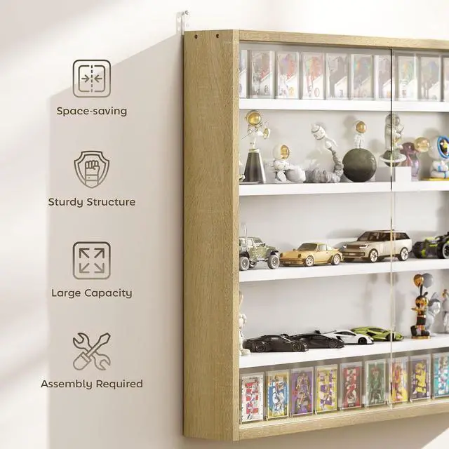 Alt view image 6 of 7 - 5-Tier Wall Mounted Display Cabinet Glass Doors 60x80cm White/Oak | Display Case, 4 Adjustable Shelves, for Home Office Ornaments