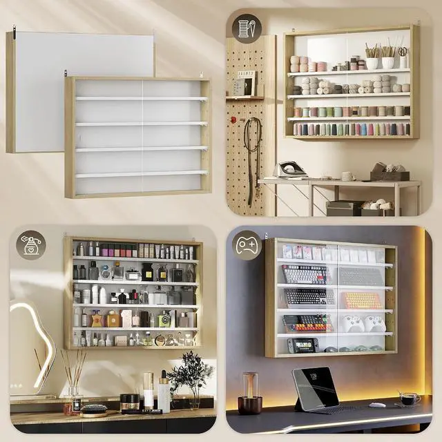 Alt view image 7 of 7 - 5-Tier Wall Mounted Display Cabinet Glass Doors 60x80cm White/Oak | Display Case, 4 Adjustable Shelves, for Home Office Ornaments